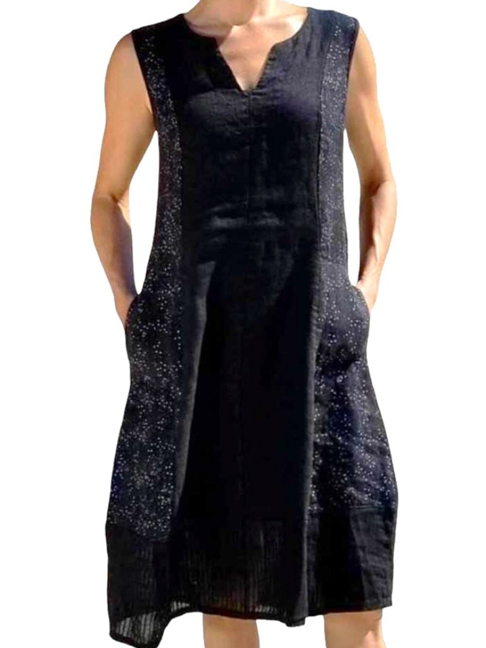 Inizio Linen Dress M • Black Splash Print • Made in Italy A-Line Pockets